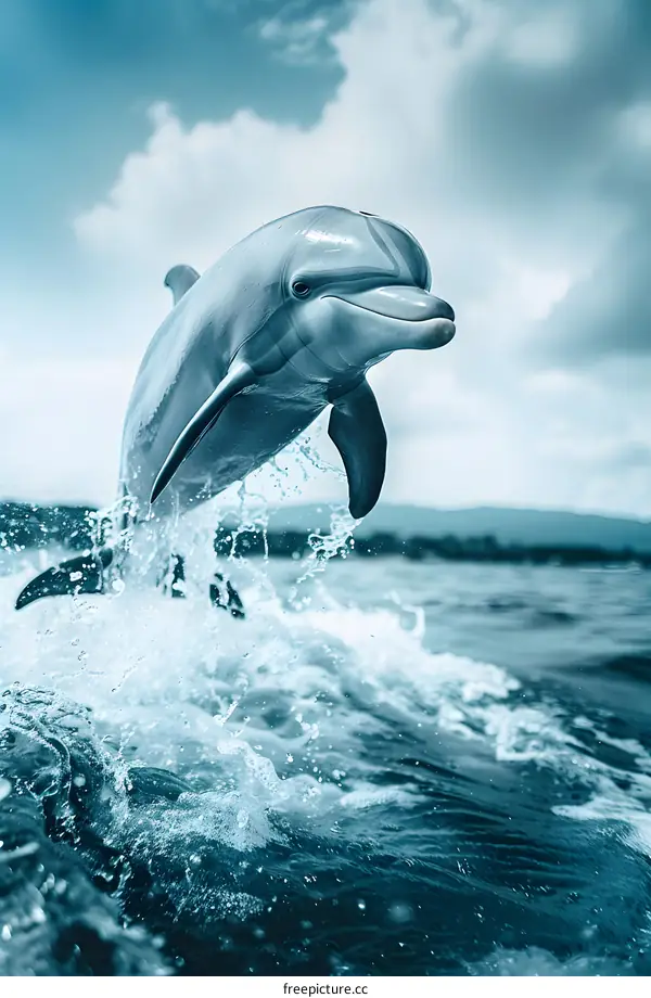 A bottlenose dolphin jumps out of the water.
