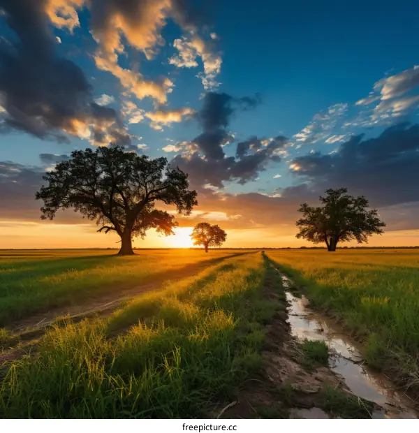 The setting sun casts long shadows over the field