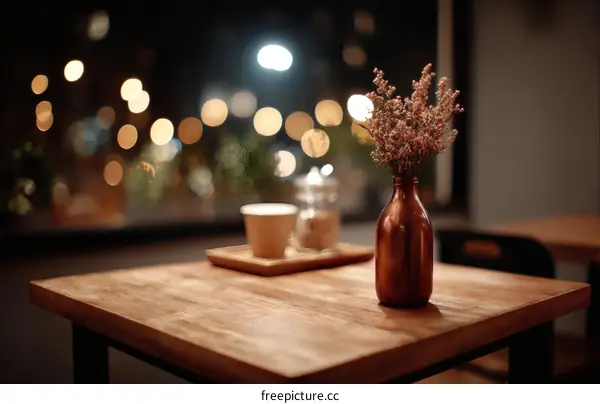 Night cafe table with flowers and bokeh