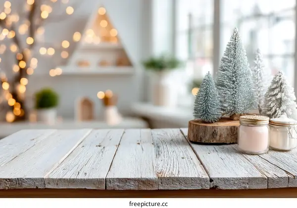 Winter Wooden Tabletop with Christmas Trees Decor