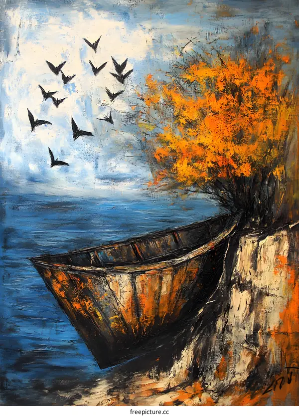 A Boat on the Cliff with Birds Flying Above
