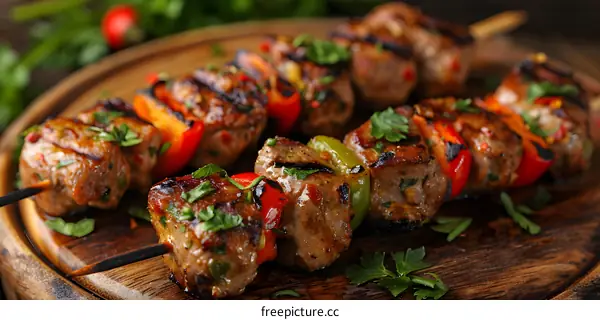 meat skewers on wooden board