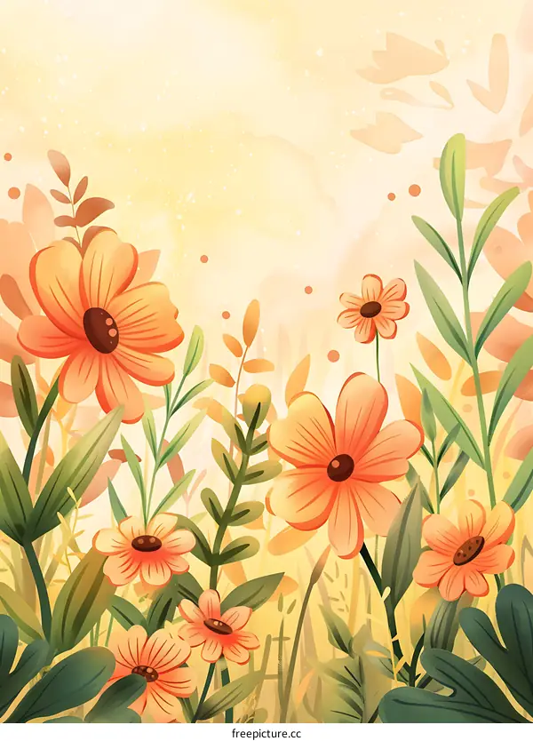 Orange Flower Watercolor Illustration with Yellow Background