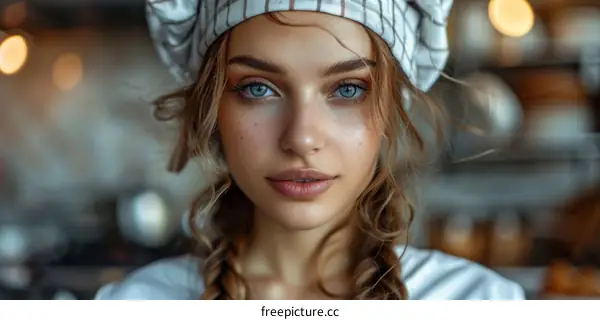 portrait of a beautiful young woman in a chef's hat