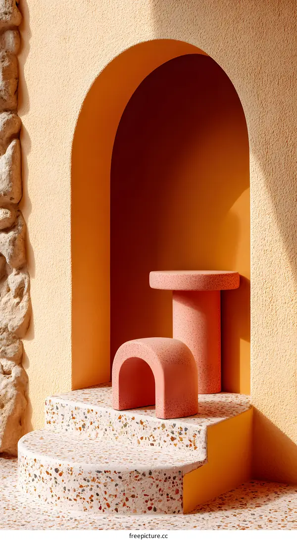 Pink Terrazzo Stone Archway With Stairs And Orange Walls