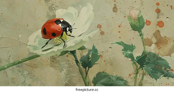 Red Ladybug on White Flower with Green Leaves