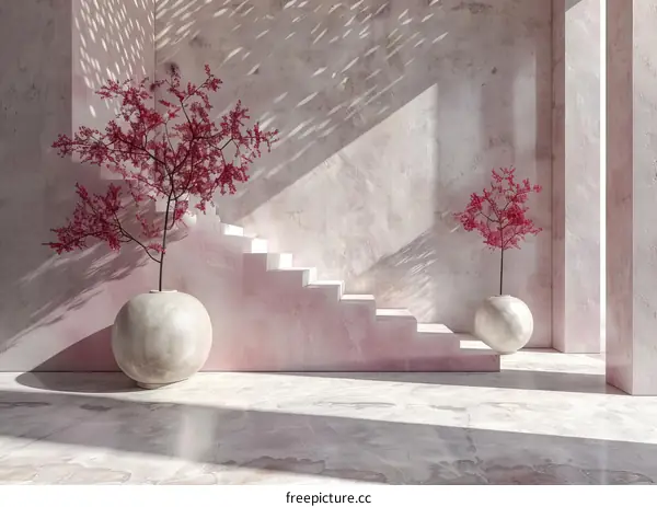 Elegant Pink Pastel Interior Staircase Scene with Pink Plants
