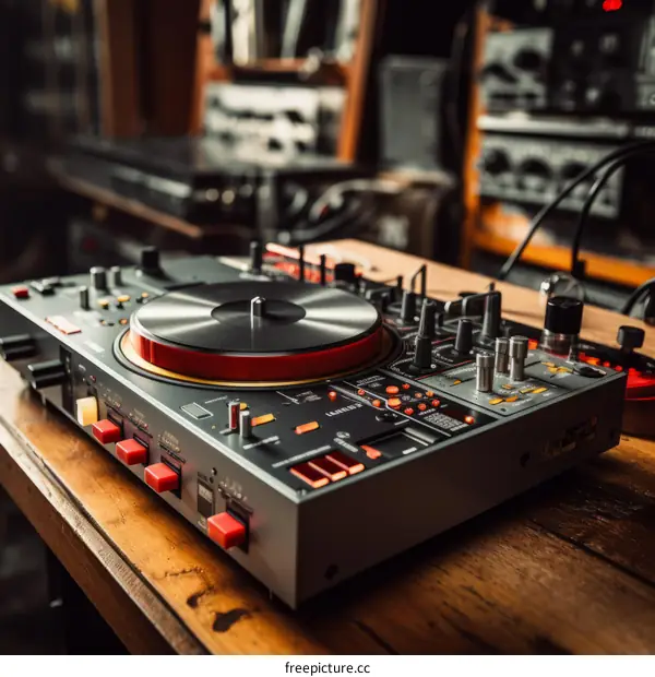 A sleek and stylish DJ turntable sits on a wooden table, ready to be used to mix and spin some tunes.