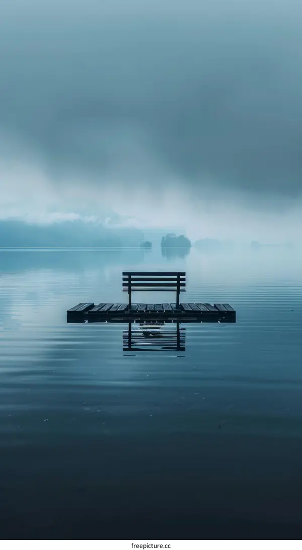 Serene Lake with Solitary Bench in Misty Isolation