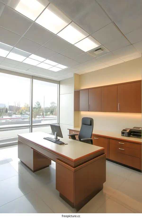 Modern Office Interior Design with Large Window and Desk