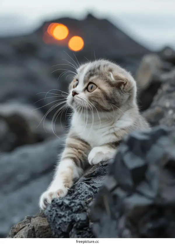 A cute cat looking at the lava from a volcano