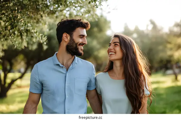 Smiling Couple Walking Together in a Park