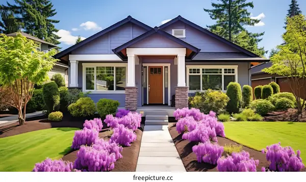 A beautiful house with a purple flower garden in front