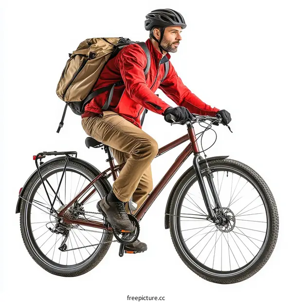 Man Cycling with Backpack on White Background