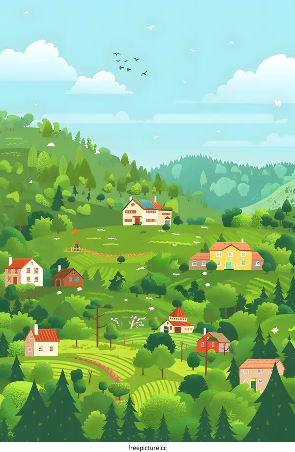 Green Hills Village Landscape with Lush Trees and Sky