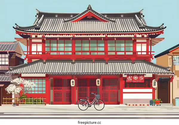 Traditional Japanese Architecture with a Bicycle in Front