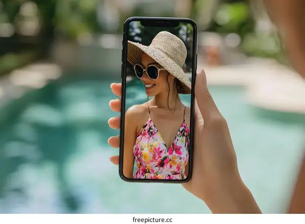 Woman in a Floral Dress Taking a Selfie by the Pool