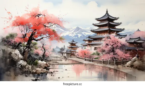 A Traditional Japanese Village with Cherry Blossoms