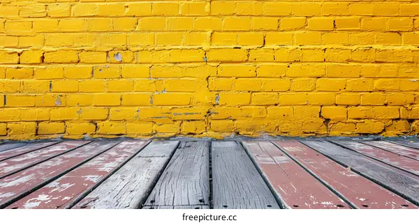 Yellow Brick Wall and Wood Floor Background