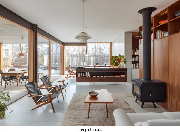 Modern Living Room Interior Design With Fireplace and Large Windows