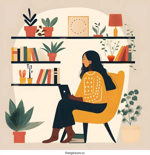 Woman Working from Home with Laptop and Plants