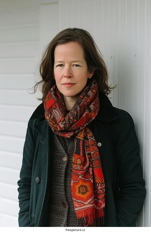 Portrait of a woman in a brown sweater and a red scarf
