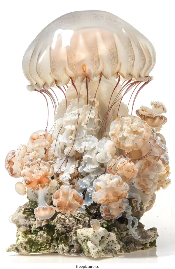 A group of jellyfish photographed in a studio with a white background