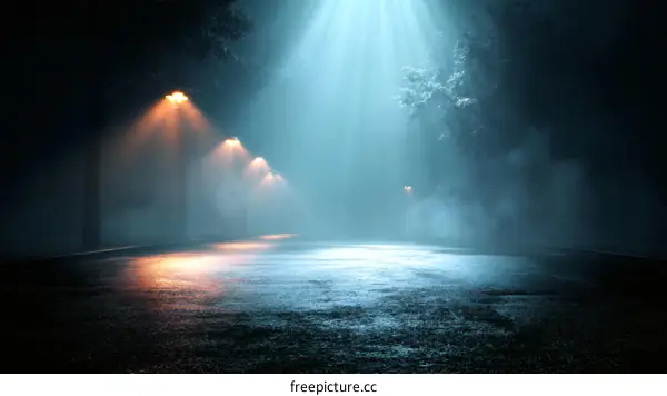 Foggy Night Road Under Street Lights
