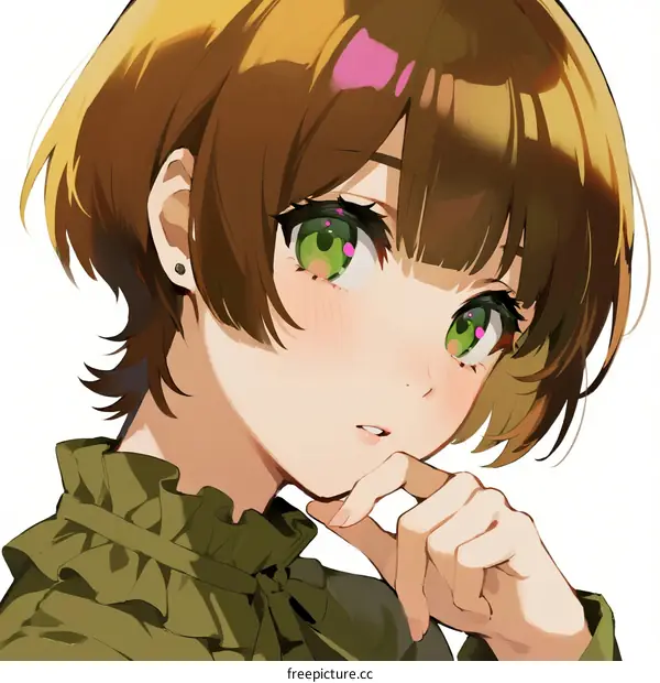 Anime girl with short brown hair and green eyes in green frilled shirt