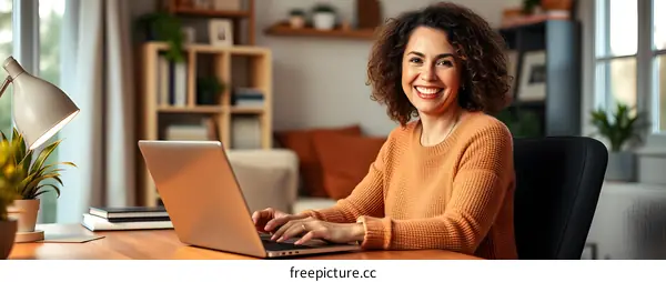 Smiling Woman Working on Laptop at Home Office