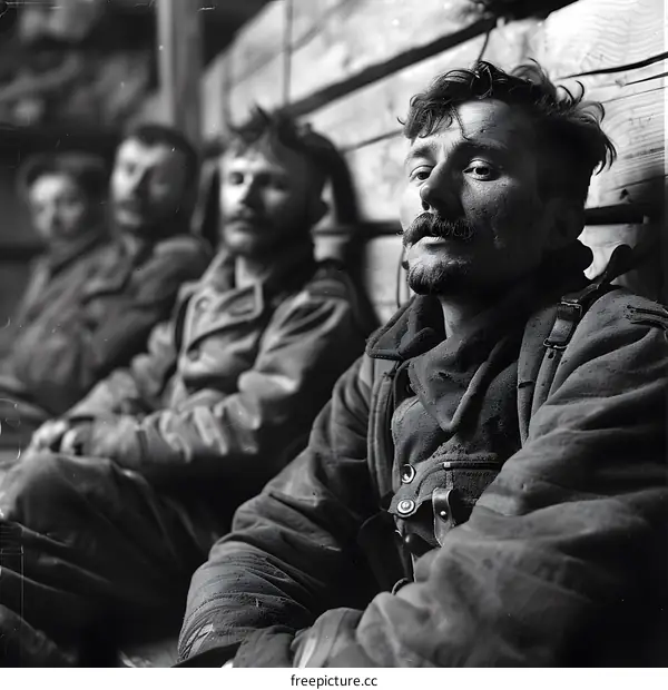 A group of soldiers sitting in a trench during World War I