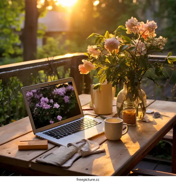 A beautiful sunset over a table with a laptop, flowers, and a cup of coffee
