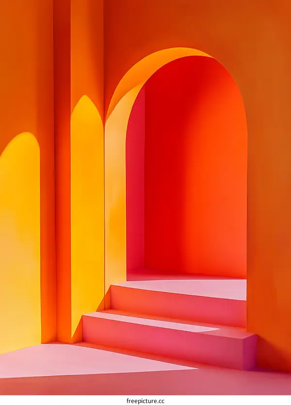 Orange and Pink Architectural Interior With Archway and Steps