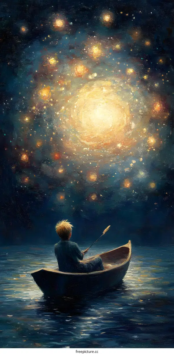 Man in Boat Under a Starry Sky