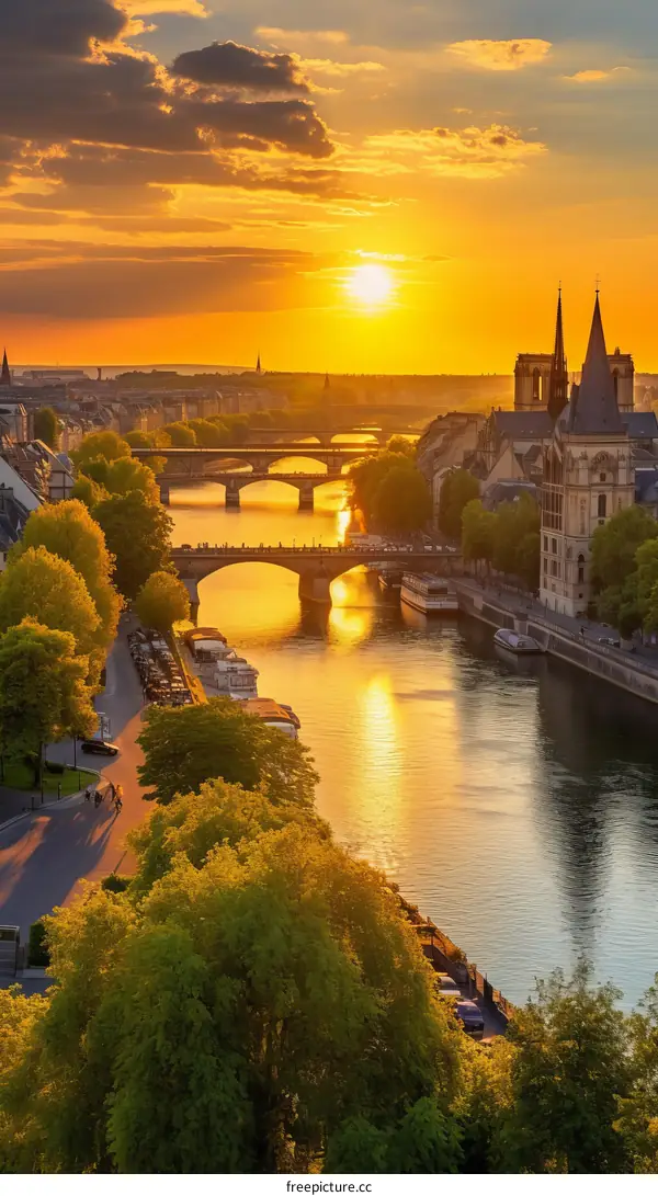 Bridges Over the River Seine in Paris France at Sunset