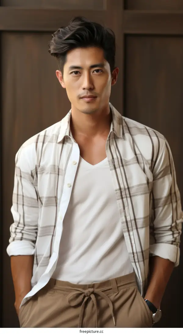 Handsome Asian man in casual outfit posing indoors