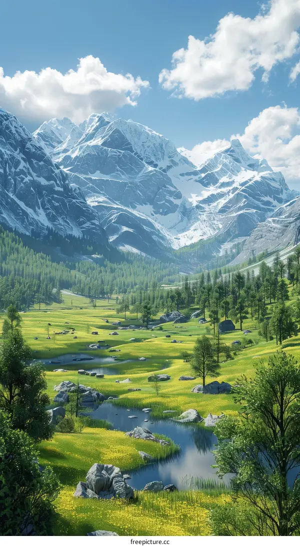 Snowy Mountain Peaks and Green Valley Panorama