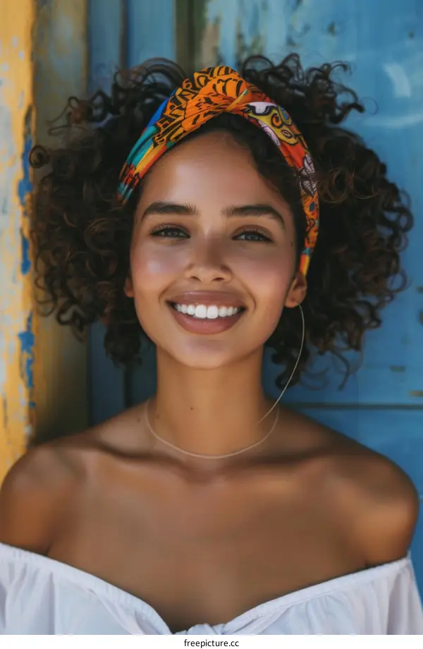 Portrait of a Beautiful Woman with Colorful Headwrap