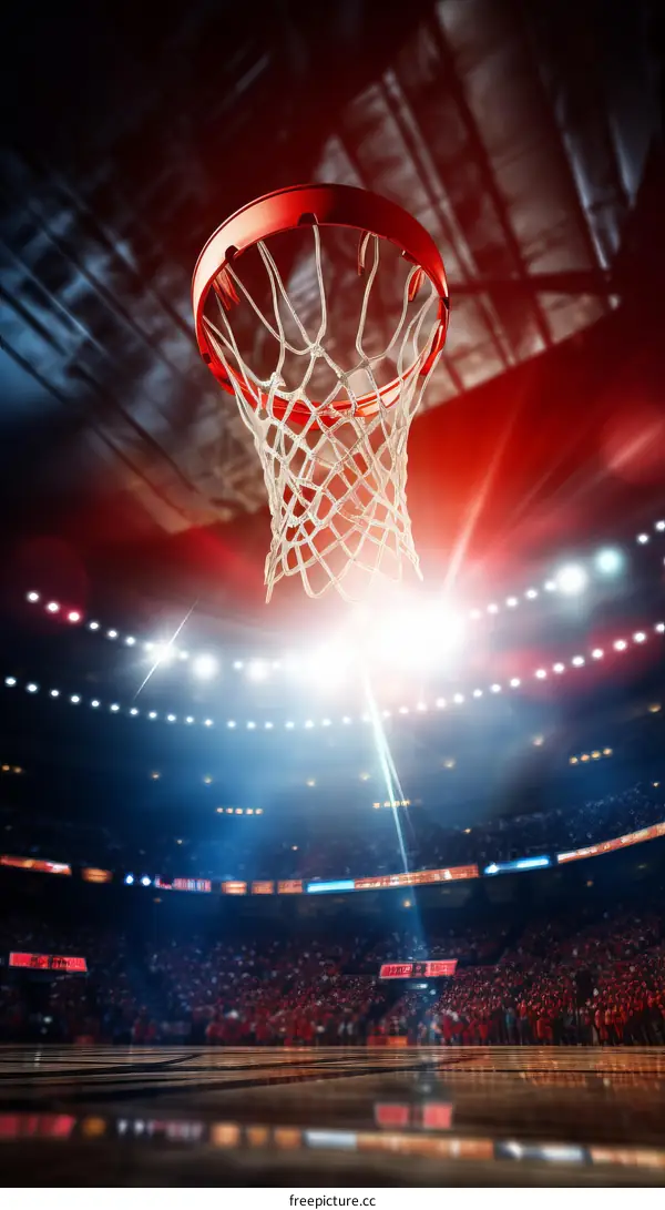 Basketball hoop under bright stadium lights