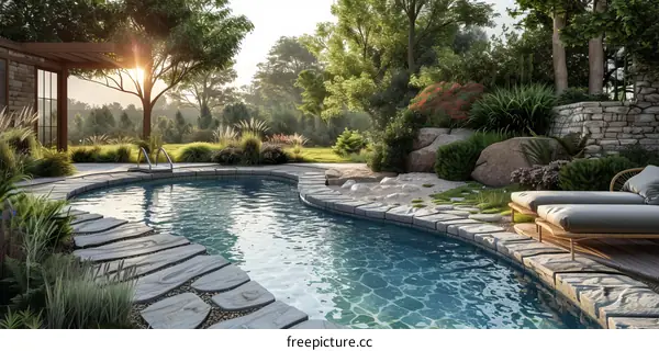 Modern Luxe Backyard Swimming Pool with Stone Patio and Landscaping