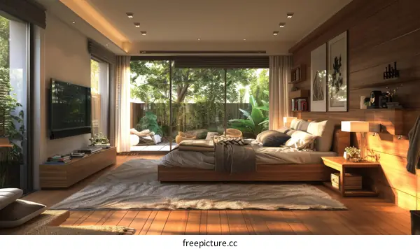 Modern Wooden Bedroom with Garden View