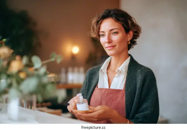 Woman Dispensing Hand Sanitizer in a Cafe Setting
