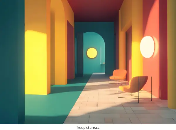 Abstract Interior Design With Yellow Orange and Green Walls