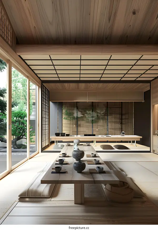 Modern Japanese Interior Design with Wooden Ceiling and Tatami Floor