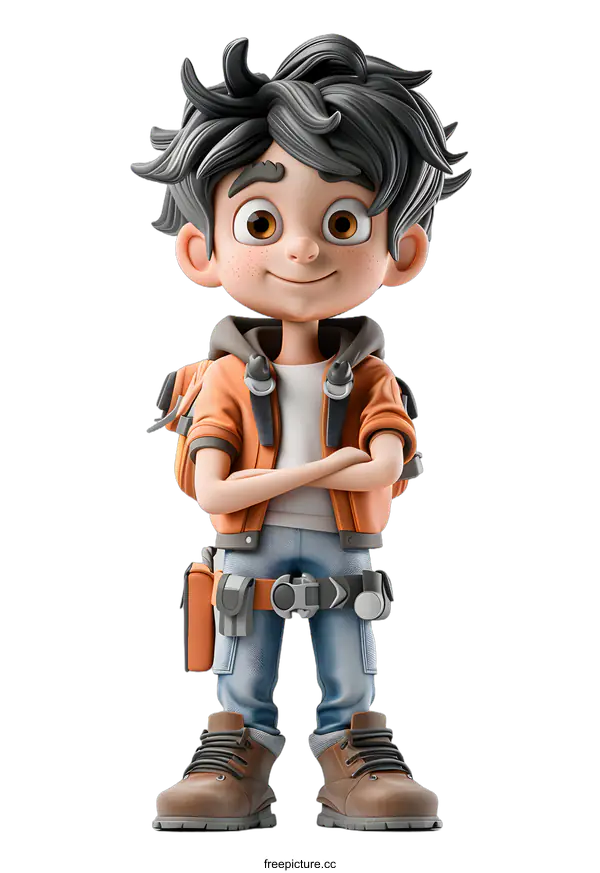 [Transparent Background PNG]A 3D illustration of a young boy wearing a backpack and tool belt