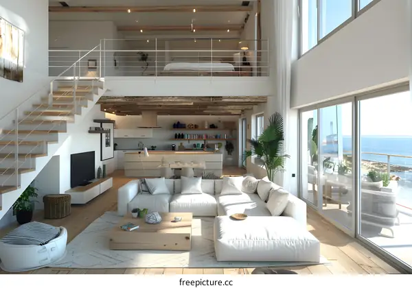 Airy White Scandinavian Living Room With Terrace