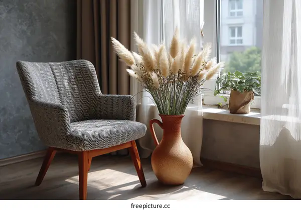 Cozy Living Room with Decorative Chair and Pampas Grass
