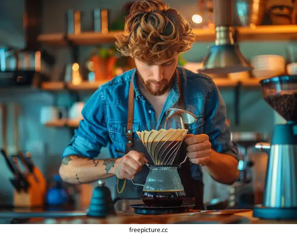 Focused barista making pour over coffee