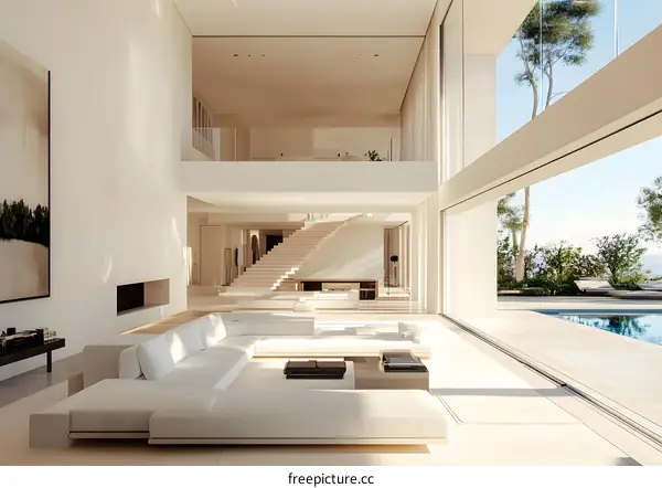 Modern White Minimalist Living Room Interior Design with Floor to Ceiling Windows