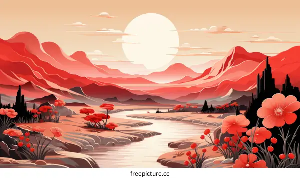 Red Desert Landscape with River and Mountains